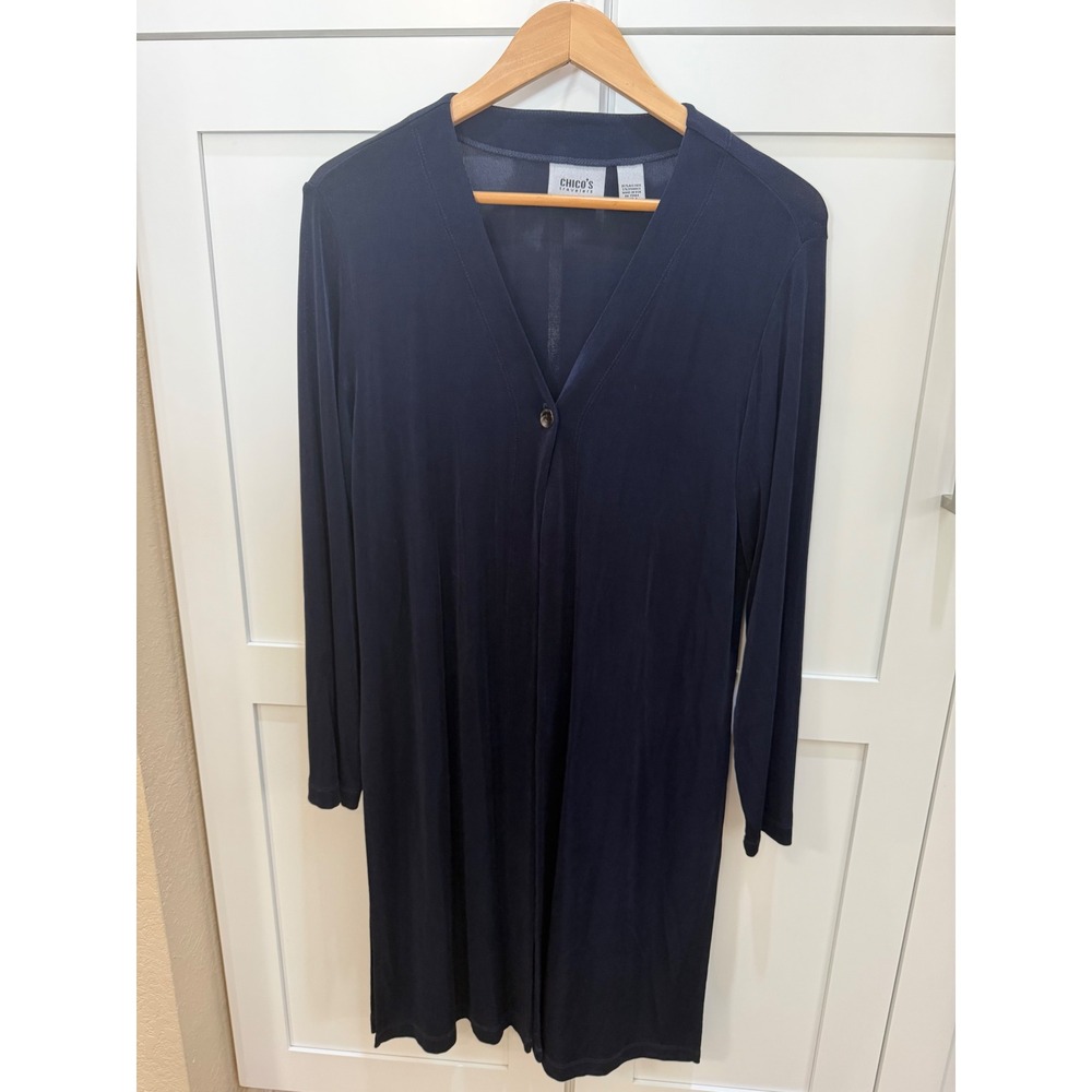 Chicos Travelers Navy Blue Ribbed Cardigan Long Sleeve Single Button Size 1 M